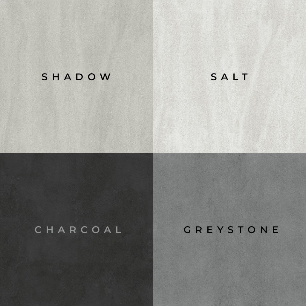 4 Luxstone paver colour options. Shadow, Salt, Charcoal and Greystone.