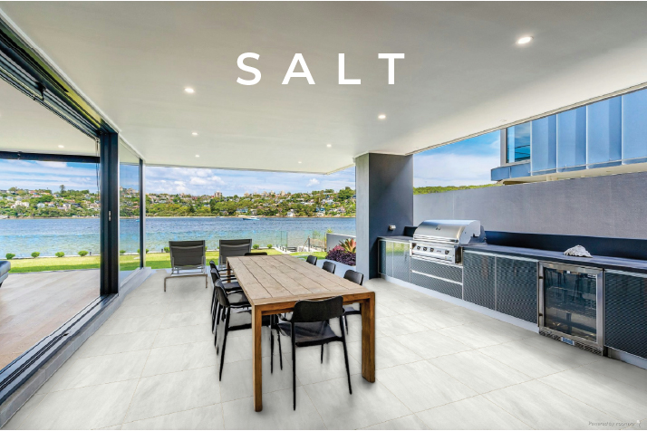 Salt Luxstone pavers which have been rendered in a seaside kitchen.