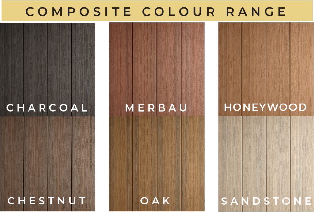 Luxdeck colour range: Charcoal, Merbau, Honeywood, CHestnut, Oak and Sandstone