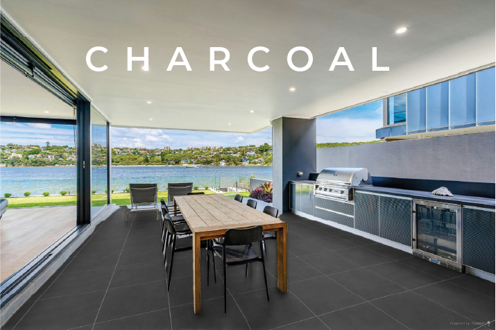 Charcoal Luxstone pavers which have been rendered in a seaside kitchen.